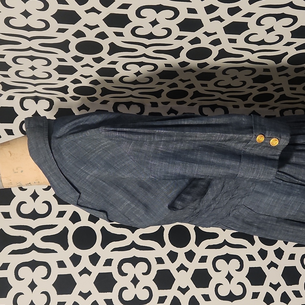 eShakti Retro Chambray Midi Shirtdress - Indigo Blue Denim Gold Buttons -Sz 14 - Picture 6 of 13